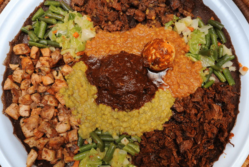 Platter filled with traditional ethiopian food